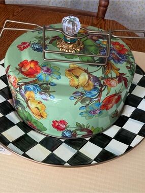 MacKenzie-Childs Floral Mint Cake Dome with Checker Plate